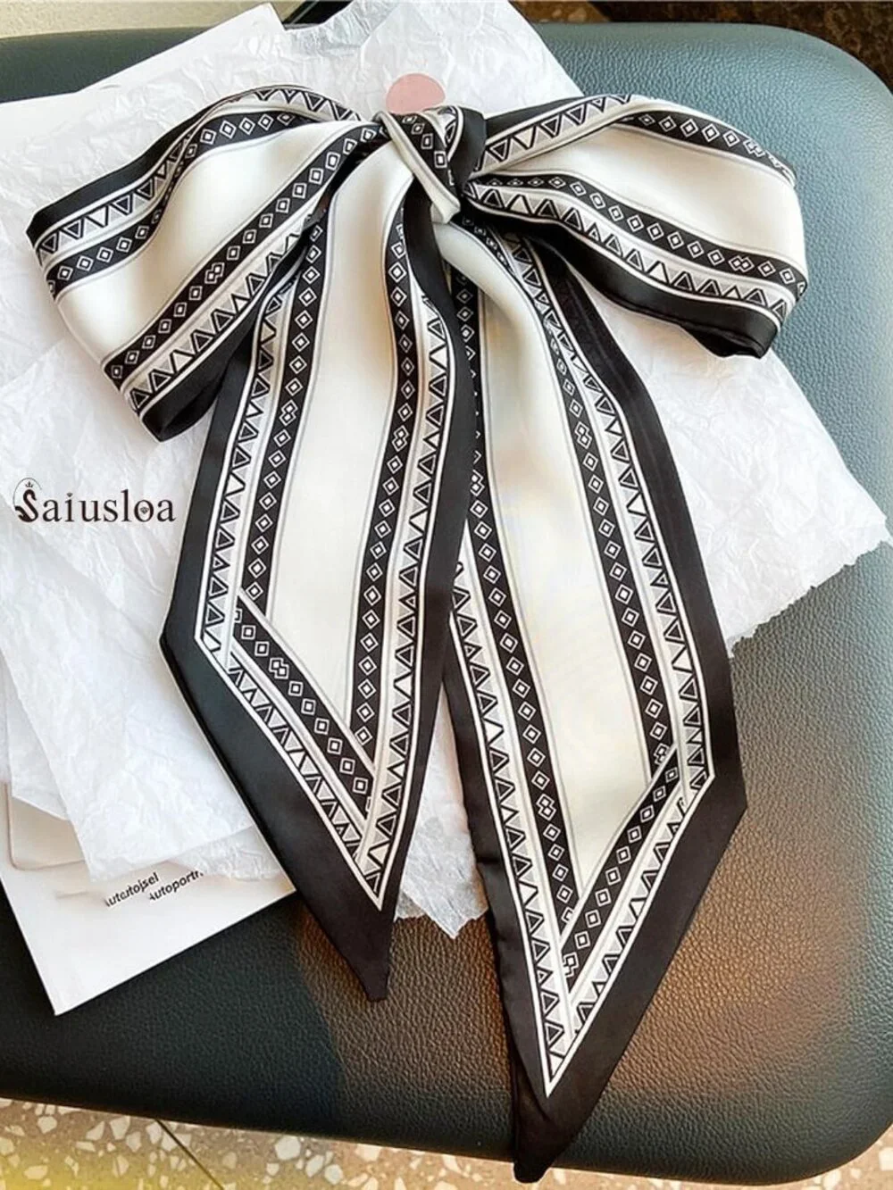 Women's Black and White  Geometry Head Scarves Long Skinny Silky Hair Bags Scarf